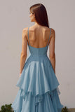 Dusty Blue A Line Chiffon Spaghetti Straps Long Bridesmaid Dress with Ruffles