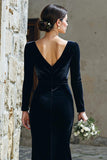 Navy Sheath Velvet V-Neck Long Sleeves Bridemaid Dress with Slit