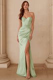 Dusty Sage Sheath Satin Sweetheart Long Bridesmaid Dress with Slit
