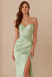 Dusty Sage Sheath Satin Sweetheart Long Bridesmaid Dress with Slit