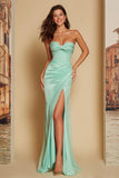 Mint Green Satin Sweetheart Ruched Long Bridesmaid Dress with Slit