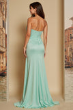 Mint Green Satin Sweetheart Ruched Long Bridesmaid Dress with Slit