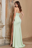 Dusty Sage Sheath Satin Criss Cross Front Long Bridesmaid Dress with Slit