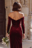 Burgundy Sheath Off the Shoulder Long Bridesmaid Dress with Slit