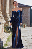 Navy Corset Off the Shoulder Sheath Maxi Bridesmaid Dress with Slit