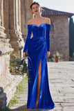 Navy Corset Off the Shoulder Sheath Maxi Bridesmaid Dress with Slit