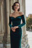 Dark Green Sheath Off the Shoulder Ruched Maxi Bridesmaid Dress with Slit