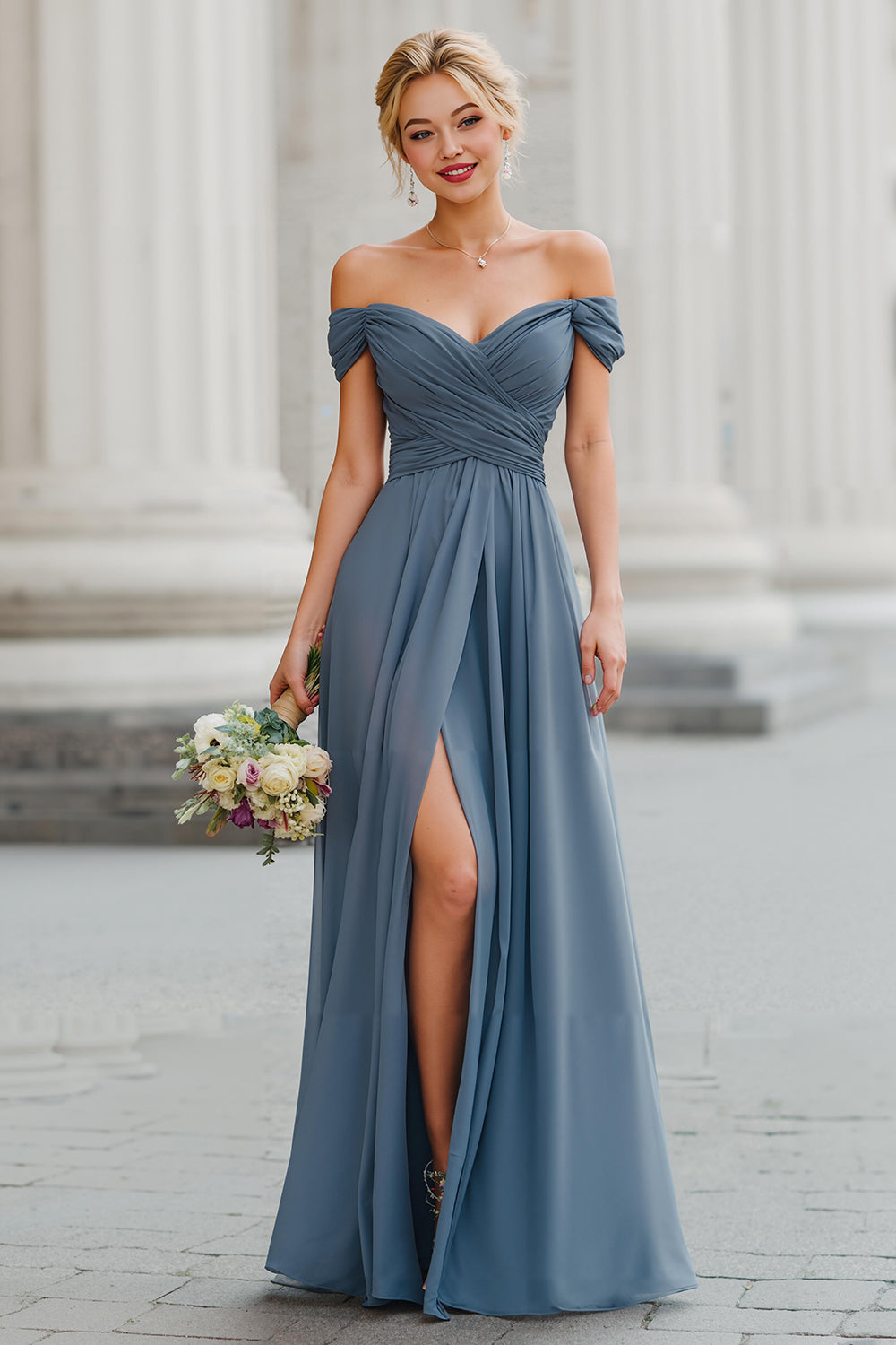 twilight wedding bridesmaid dresses V-Neck Tiered A-Line Chiffon Midi Bridesmaid Dress in Twilight, Twilight / 4
