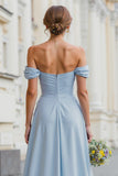 Sky Blue Off the Shoulder A Line Long Bridesmaid Dress with Slit