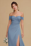 Twilight Maxi A Line Off the Shoulder Bridesmaid Dress with Slit