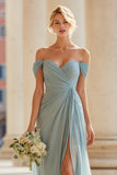 Grey Blue A Line Off the Shoulder Long Bridesmaid Dress with Slit