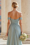 Grey Blue A Line Off the Shoulder Long Bridesmaid Dress with Slit