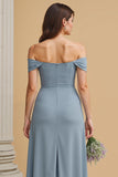 Dusty Blue Off the Shoulder Maxi A Line Bridesmaid Dress with Slit