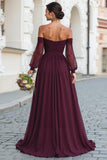 Cabernet A Line Long Off the Shoulder Bridesmaid Dress with Sleeves