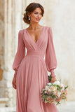 Dusty Rose V-Neck Maxi A Line Bridesmaid Dress with Sleeves