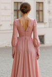 Dusty Rose V-Neck A Line Maxi Bridesmaid Dress with Sleeves