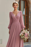 Dusty Rose V-Neck A Line Maxi Bridesmaid Dress with Sleeves