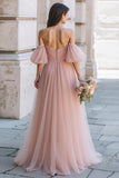 Dusty Rose Long A Line Off the Shoulder Bridesmaid Dress with Sleeves