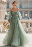 Eucalyptus Long Off the Shoulder A Line Bridesmaid Dress with Sleeves