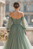 Eucalyptus Long Off the Shoulder A Line Bridesmaid Dress with Sleeves