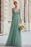 Eucalyptus A Line V-Neck Maxi Bridesmaid Dress with Long Sleeves