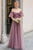 Vintage Mauve Long A Line Off the Shoulder Bridesmaid Dress
