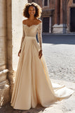 Champagne Off the Shoulder Satin Princess Long Sleeves Sweep Train Wedding Dress with Lace