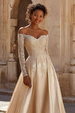 Champagne Satin Off the Shoulder Princess Sweep Train Wedding Dress with Lace