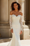 Ivory Off the Shoulder Chiffon Mermaid Sweep Train Wedding Dress with Lace