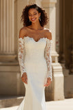 Ivory Off the Shoulder Chiffon Mermaid Sweep Train Wedding Dress with Lace