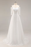 White Chiffon A-Line Off the Shoulder Sweep Train Wedding Dress with Lace
