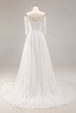 White Chiffon A-Line Off the Shoulder Sweep Train Wedding Dress with Lace