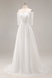 White Chiffon A-Line Off the Shoulder Sweep Train Wedding Dress with Lace