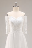 White Chiffon A-Line Off the Shoulder Sweep Train Wedding Dress with Lace