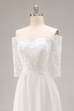 White Chiffon A-Line Off the Shoulder Sweep Train Wedding Dress with Lace