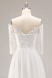 White Chiffon A-Line Off the Shoulder Sweep Train Wedding Dress with Lace