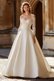 Ivory Satin Long Sleeves Ball Gown Floor Length Wedding Dress with Lace
