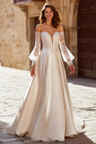 Ivory Satin A-Line Off the Shoulder Sweep Train Wedding Dress with Lace