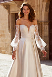 Ivory Satin A-Line Off the Shoulder Sweep Train Wedding Dress with Lace