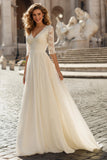 Ivory V-Neck A Line Maxi Wedding Dress with Lace