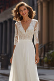 Ivory A Line V-Neck Sweep Train Wedding Dress with Lace