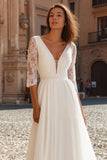 Ivory V-Neck A Line Long Wedding Dress with Sleeves