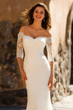 White Off the Shoulder Lace Appliqued Mermaid Wedding Dress