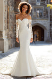White Mermaid Off the Shoulder Lace Appliqued Sweep Train Wedding Dress