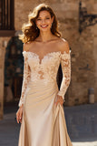 Champagne Mermaid Off the Shoulder Lace Appliqued Court Train Wedding Dress