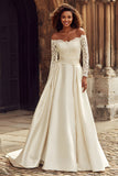 A-Line Off the Shoulder Ivory Lace Appliqued Sweep Train Wedding Dress