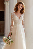 Ivory V-Neck A-Line Lace Appliqued Tulle Court Train Wedding Dress