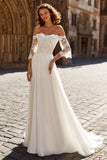 A-Line Ivory Off the Shoulder Lace Appliqued Wedding Dress with Sweep Train