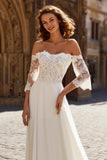 A-Line Ivory Off the Shoulder Lace Appliqued Wedding Dress with Sweep Train