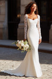 White Mermaid Lace Appliqued Court Train Wedding Dress